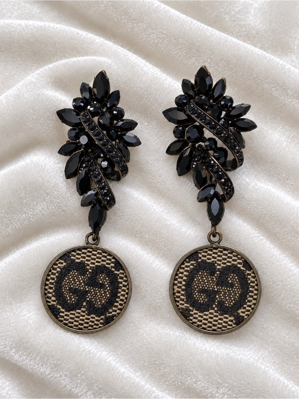 Black Crystal Leaf Drop Earrings with Monogram Medallions